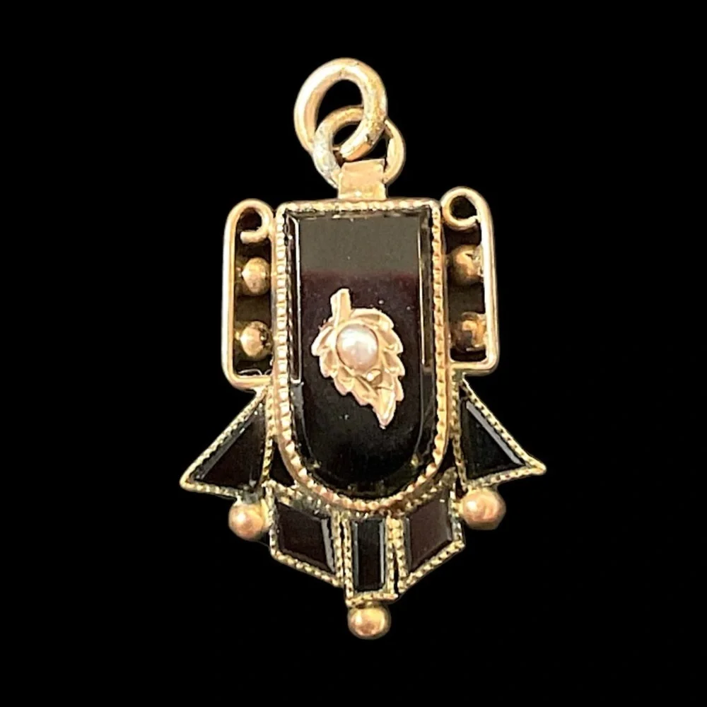 Antique Black Mourning Necklace Pendant Charm with Seed Pearl Memento Mori